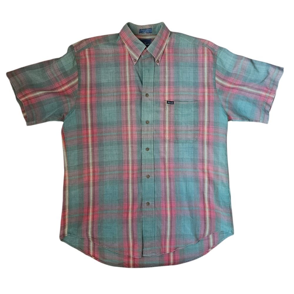 FACONNABLE Green & Rose Plaid Madras Short Sleeve 100% Cotton Shirt | SZ 42